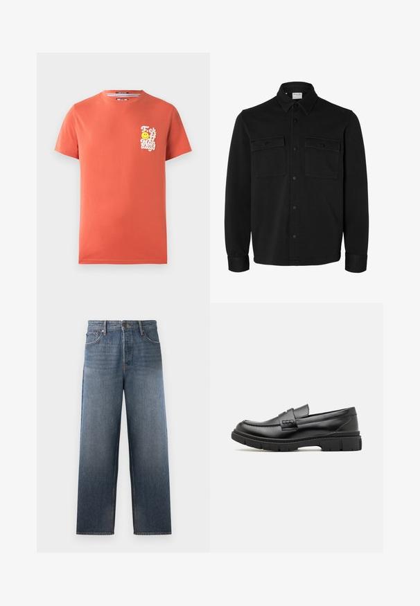 Sort langærmet skjortejakke med knapper, spids krave, to brystlommer med klapper og knapper samt knaphul på manchetterne.; Korteærmet t-shirt i koralfarvet bomuld. Har et hvidt grafisk design med tekst og et smilende ansigt på venstre brystområde. Rund halsudskæring.; Denimjeans i middelblå med lige ben design, der har fem lommer, knap- og lynlåslukning samt subtile falmeeffekter.; Sort læder loafersko med en bred rem over forfoden, gummisål med tykke mønstre og glat overflade. Klassisk, slankt design.