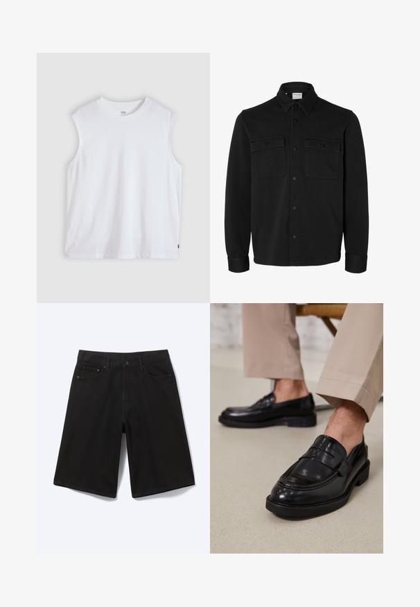 Veste-chemise noire à manches longues avec col pointu, deux poches poitrine à rabat avec boutons et poignets boutonnés.; T-shirt blanc sans manches à col rond avec une petite étiquette logo Levi's sur la couture latérale, présenté sur un fond clair uni.; Short en jean noir longueur genou avec bouton à l'avant, passants de ceinture et cinq poches, présenté sur fond blanc.; Mocassins en cuir noir avec une finition lisse, ornés d'une sangle décorative et de coutures contrastées, associés à un pantalon beige.