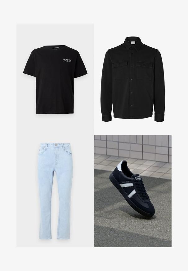 Zwart overhemdjack met lange mouwen en knopen, met spitse kraag, twee borstzakken met klep en knopen en knoopmanchetten.; Zwarte katoenen T-shirt met korte mouwen en witte tekst "J&J since 1990 Society Club" op de bovenste linkerborst en een ronde hals.; Lichtblauwe denim jeans met een recht gesneden design, vijf zakken, vervaagde textuur en een metalen knoopsluiting in de taille.; Zwarte leren sneaker met witte strepen, een gestructureerde rubberen zool en vetersluiting aan de voorkant. Voorzien van een merklabel op de tong.