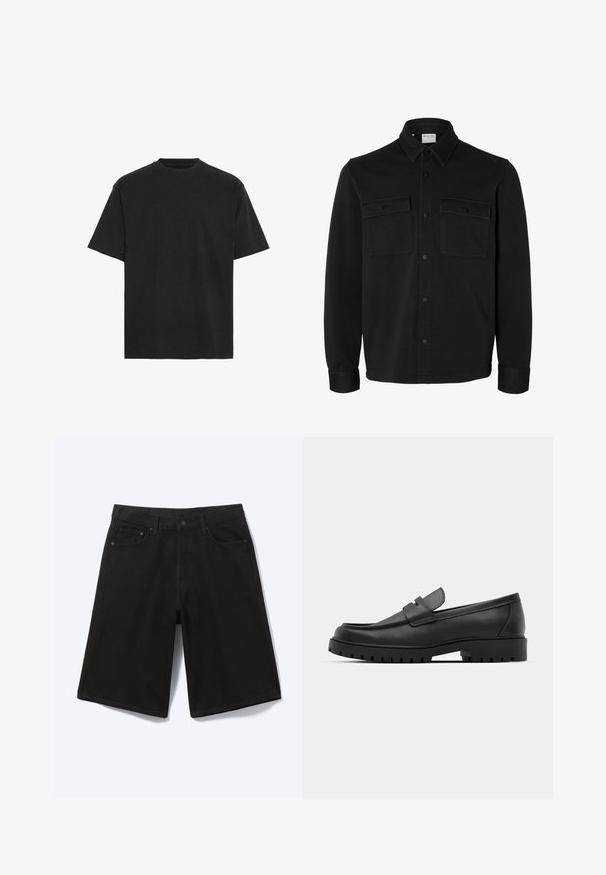 Chaqueta camisa negra de manga larga con botones, cuello puntiagudo, dos bolsillos en el pecho con solapas y botones, y puños abotonados.; Camiseta de algodón negra, de manga corta, cuello redondo, ligera, de corte holgado, con textura suave, sin patrones ni acentos visibles.; Pantalones cortos vaqueros negros hasta la rodilla con botón frontal, trabillas para cinturón y cinco bolsillos, mostrados sobre un fondo blanco.; Mocasines de cuero negro con punta redonda, que cuentan con un diseño cosido, suela de plataforma baja y una suela de goma texturada y con tacos.