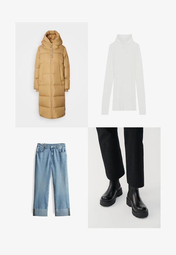 Lange camelkleurige pufferjack met een oversized funnelkap, voorrits, zijzakken en geribbelde manchetten tegen een lichte achtergrond.; Witte geribde turtleneck trui met lange mouwen, zachte textuur en een hoge rolkraag, met een aansluitend ontwerp en geen zichtbare sluitingen.; Lichtblauwe spijkerbroek met een rechtotige snit, voorzien van een knoopsluiting, vijf zakken en wijde omgeslagen benen.; Persoon die zwarte leren enkellaarzen met dikke zool draagt, gecombineerd met zwarte broek met rechte pijpen op een witte achtergrond.