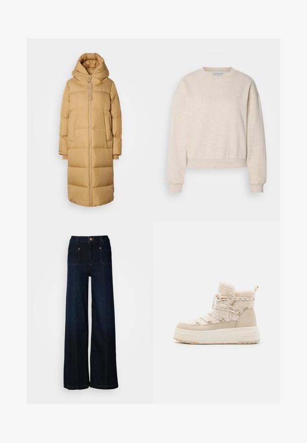 Lang, kamelfarvet pufferfrakke med oversize tragt hætte, frontlynlås, sidelommer og ribbede manchetter mod en lys baggrund.; Lys beige sweatshirt lavet af blødt stof, med rund hals, nedfaldne skuldersømme og ribbede manchetter og kant.; Bredde ben denimjeans i mørkeblå. Har forlommer, guldfarvet hardware og kontrasterende syninger. Glat tekstur med et afslappet design.; Beige vinterstøvler med en blød tekstur, snørremønster, guldfarvede detaljer og en tyk sål for ekstra højde og isolering.