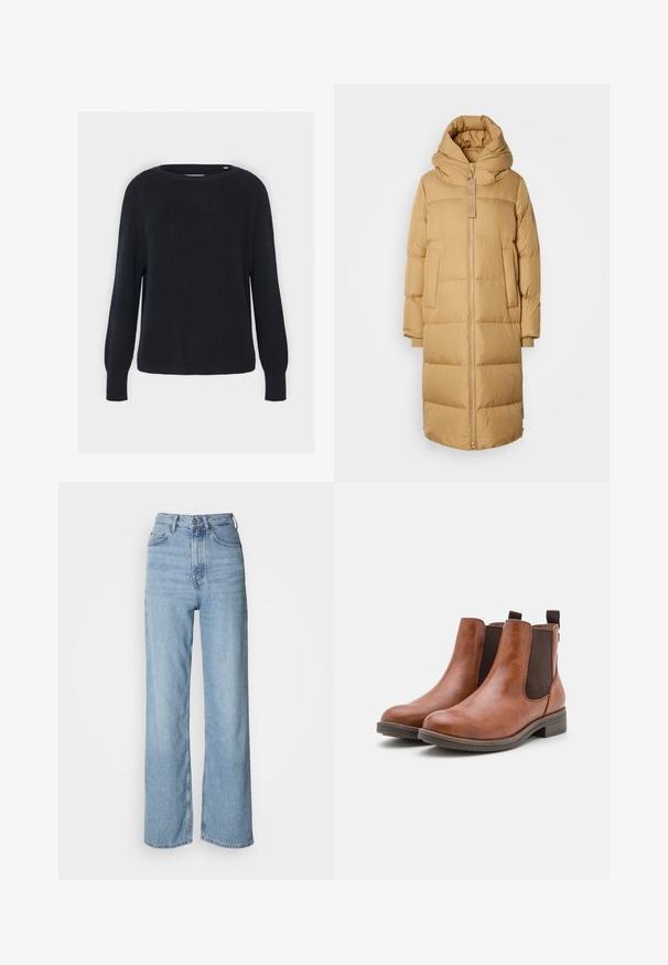Langer, camel-farbener Puffer-Mantel mit übergroßer Kapuze, Reißverschluss vorne, seitlichen Taschen und gerippten Bündchen vor einem hellen Hintergrund.; Marineblauer gestrickter Pullover mit rundem Halsausschnitt, gerippter Textur und langen Raglanärmeln. Hat einen geraden Schnitt am Saum.; Hellblaue hochgeschnittene Jeans mit geradem Bein, aus Denim gefertigt, mit einem Frontknopfverschluss und dezenten Verblassungen.; Braune Leder-Stiefeletten mit elastischen Seitenpaneelen, runder Zehenpartie und niedrigem Holzabsatz. Mit einer Schlaufe für einfaches Anziehen.