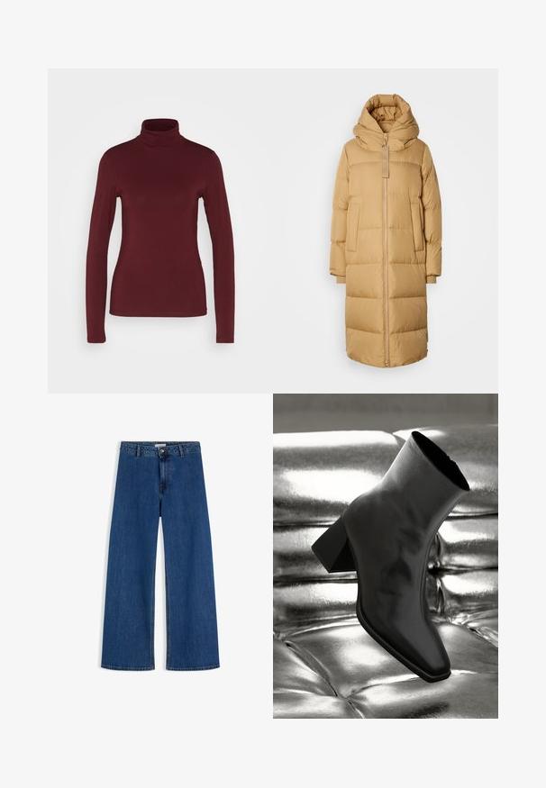 Lang, kamelfarvet pufferfrakke med oversize tragt hætte, frontlynlås, sidelommer og ribbede manchetter mod en lys baggrund.; Pieces PCSIRENE ROLLNECK - Langærmet T-shirt - tawny port; Blå, vidbenede jeans med høj talje, forrest lukket med knapper og lynlås, bæltestropper og uden synlige slidmærker eller mønstre.; Sorte ankelstøvler lavet af glossy materiale med firkantet tå og spidse hæle, sat mod en skinnende sølv tuftet baggrund.