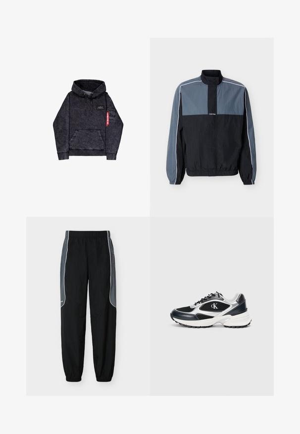 Herre sort og grå letvægts lynlåstrøje med høj krave, elastiske manchetter og nederst, samt hvide striber langs ærmer og skuldre.; Sort melange hoodie med kængurulomme, justerbar snor i hætten, logo-patch på brystet og sidelomme med rødt mærke.; Sorte træningsbukser med mørkegrå sidelommer og hvid piping, elastisk talje og benafslutninger, vist mod en hvid baggrund.; Sort og sølv atletisk sneakersko med mesh og syntetisk overdel, teksturerede accenter, tykk hvid mellemsål og sort gummisål. Har logo.