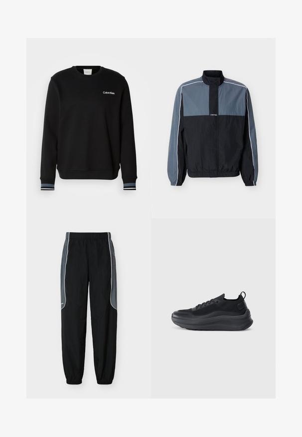 Heren lichtgewicht jas in zwart en grijs met ritssluiting, hoge kraag, elastische manchetten en zoom, en witte biezen langs de mouwen en schouders.; Zwarte sweatshirt gemaakt van een katoenmix, met een ronde halslijn, lange mouwen en contrasterende gestreepte boorden. Logo weergegeven op de borst.; Zwarte trainingsbroek met donkergrijze zijpanelen en witte bies, elastische tailleband en boorden, weergegeven tegen een witte achtergrond.; Zwarte sportieve schoen met een bovenkant van mesh, textuurrijke accenten en een dikke rubberen zool. Voorzien van een trekbandje bij de hak en vetersluiting.
