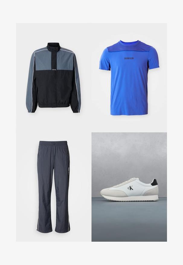 Chaqueta ligera para hombre en negro y gris con cremallera, cuello alto, puños y bajo elásticos, y ribete blanco a lo largo de las mangas y los hombros.; Camiseta atlética azul con cuello redondo, tejido de malla en los hombros y el logo 'CALVIN KLEIN' impreso en negro. Textura suave.; Pantalones de chándal ligeros en azul marino con cintura elástica, bolsillos laterales y franjas blancas en los costados. Textura suave.; Zapatilla baja blanca y beige con talón negro, cierre con cordones y logo "cK" en el lateral.