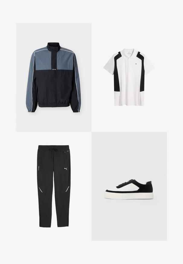 Chaqueta ligera para hombre en negro y gris con cremallera, cuello alto, puños y bajo elásticos, y ribete blanco a lo largo de las mangas y los hombros.; Camisa polo blanca con acentos negros. Mangas cortas, cuello clásico, hecha de tejido suave. Presenta un logo en el pecho y un detalle lateral.; Pantalones deportivos negros Puma con cintura elástica, cordón, bolsillos laterales con cremallera y logo blanco de Puma en la pierna derecha.; Zapatilla de corte bajo con paneles de ante negro y cuero blanco, cordones negros y suela de goma blanca gruesa, mostrada desde el lado exterior.