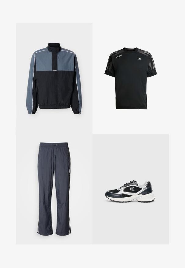 Chaqueta ligera para hombre en negro y gris con cremallera, cuello alto, puños y bajo elásticos, y ribete blanco a lo largo de las mangas y los hombros.; Camiseta deportiva negra hecha de un tejido ligero, con paneles de malla en los hombros, mangas cortas y logotipos blancos de adidas y F50.; Pantalones de chándal ligeros en azul marino con cintura elástica, bolsillos laterales y franjas blancas en los costados. Textura suave.; Zapatilla deportiva negra y plateada con parte superior de malla y sintético, acentos texturizados, entresuela blanca gruesa y suela exterior negra de goma. Presenta logo.
