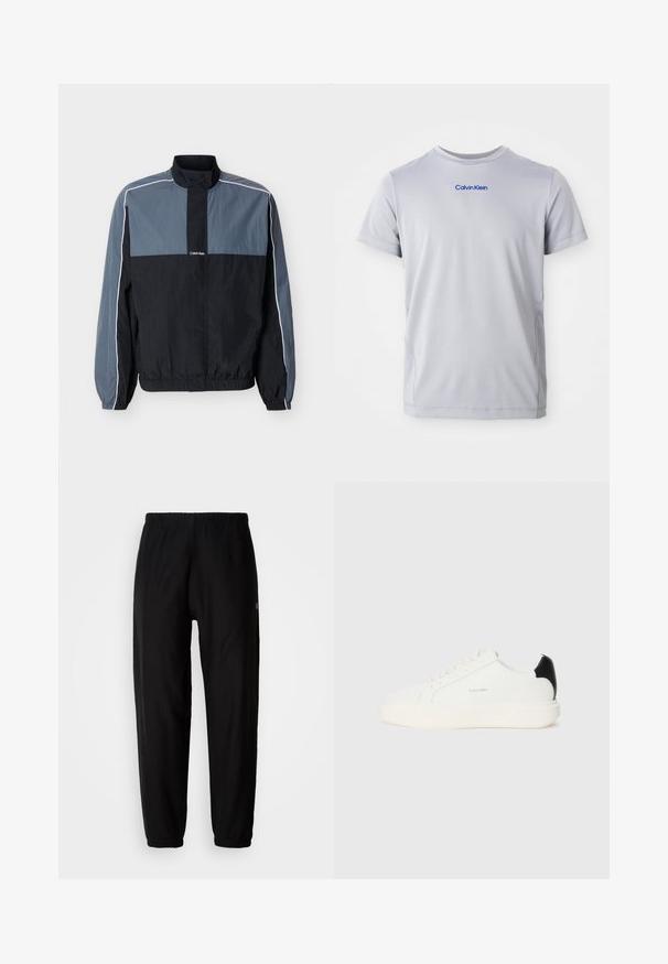 Schwarze und graue leichte Herrenjacke zum Reißverschluss mit hohem Kragen, elastischen Bündchen und Saum sowie weißen Paspelierungen entlang der Ärmel und Schultern.; Hellgraues T-Shirt mit kurzen Ärmeln aus strukturiertem Stoff, mit einem blauen "Calvin Klein"-Logo über der Brust. Rundhalsausschnitt, reguläre Passform.; Schwarze Jogginghosen mit elastischem Bund, schmal zulaufenden Beinen und Bündchen. Glatte Stoffoberfläche. Logodetail an der Seite.; Weiße Ledersneaker mit einem schwarzen Akzent an der Ferse, runden Zehen, flachen Schnürsenkeln und einer dicken weißen Sohle. Calvin Klein Logo angebracht.
