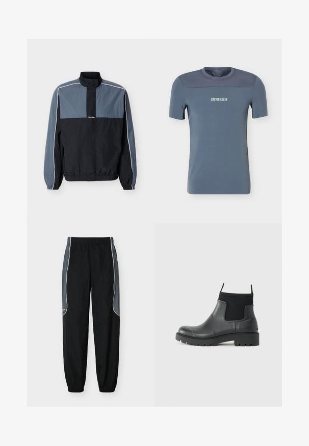 Heren lichtgewicht jas in zwart en grijs met ritssluiting, hoge kraag, elastische manchetten en zoom, en witte biezen langs de mouwen en schouders.; Korte mouwen heren blauw sportshirt met bovenste paneel van mesh en het "Calvin Klein"-logo centraal op de voorkant van de borst.; Zwarte trainingsbroek met donkergrijze zijpanelen en witte bies, elastische tailleband en boorden, weergegeven tegen een witte achtergrond.; Zwarte enkelboots van rubber met een matte afwerking, voorzien van een slank ontwerp, elastische panelen en een chunky zool voor grip.