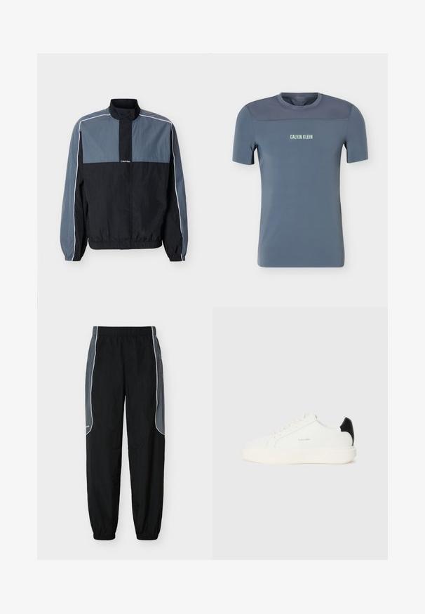 Heren lichtgewicht jas in zwart en grijs met ritssluiting, hoge kraag, elastische manchetten en zoom, en witte biezen langs de mouwen en schouders.; Korte mouwen heren blauw sportshirt met bovenste paneel van mesh en het "Calvin Klein"-logo centraal op de voorkant van de borst.; Zwarte trainingsbroek met donkergrijze zijpanelen en witte bies, elastische tailleband en boorden, weergegeven tegen een witte achtergrond.; Witte leren sneaker met een zwarte accent op de hak, met een ronde neus, platte veters en een dikke witte zool. Calvin Klein-logo weergegeven.