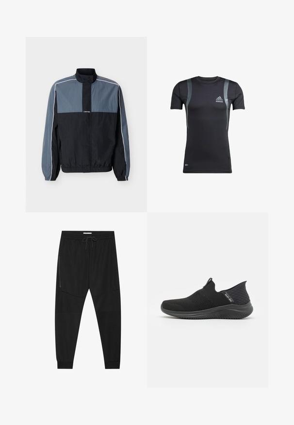 Schwarze und graue leichte Herrenjacke zum Reißverschluss mit hohem Kragen, elastischen Bündchen und Saum sowie weißen Paspelierungen entlang der Ärmel und Schultern.; Schwarzes, kurzärmeliges Sportshirt mit grauen Akzenten, aus dehnbarem Material. Mit Adidas-Logo auf der linken Brust und Techfit-Branding.; Schwarze Sporthosen aus strukturiertem Stoff, mit verstellbarem Bund, seitlicher Reißverschlusstasche und schmal zulaufenden Bündchen.; Schwarze Slipper mit einem atmungsaktiven Mesh-Obermaterial, strukturiertem Design, flexibler Sohle und einem glatten, gepolsterten Fußbett.