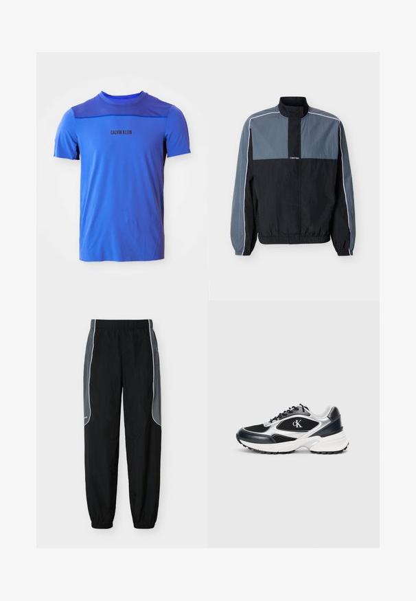 Chaqueta ligera para hombre en negro y gris con cremallera, cuello alto, puños y bajo elásticos, y ribete blanco a lo largo de las mangas y los hombros.; Camiseta atlética azul con cuello redondo, tejido de malla en los hombros y el logo 'CALVIN KLEIN' impreso en negro. Textura suave.; Pantalones de chándal negros con paneles laterales gris oscuro y ribete blanco, cintura y puños elásticos, exhibidos sobre un fondo blanco.; Zapatilla deportiva negra y plateada con parte superior de malla y sintético, acentos texturizados, entresuela blanca gruesa y suela exterior negra de goma. Presenta logo.
