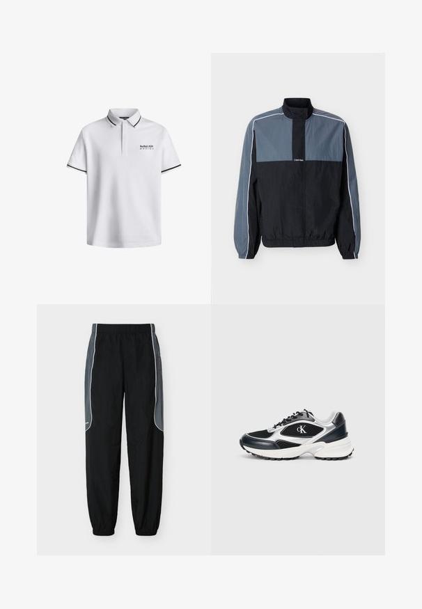 Veste légère zippée pour homme en noir et gris avec col montant, poignets et ourlet élastiques, et passepoil blanc le long des manches et des épaules.; Polo shirt blanc avec un col classique, des manches courtes, mettant en avant des accents noirs sur les manches et le logo "Red Bull Racing" sur la poitrine.; Pantalon de survêtement noir avec des panneaux latéraux gris foncé et un liseré blanc, taille et poignets élastiques, présenté sur un fond blanc.; Baskets de sport noires et argentées avec une tige en mesh et en synthétique, accents texturés, semelle intermédiaire blanche épaisse et semelle extérieure en caoutchouc noir. Avec logo.
