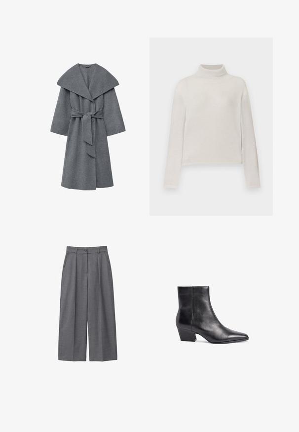 Charcoal grå uldfrakke med bred krave, oversized ærmer og taljebånd, samt en blød, tekstureret finish.; Lys beige turtleneck sweater med ribbet tekstur, lange ærmer og en tætsiddende silhuet. Blødt materiale med en subtil glans.; Grå bredbenede bukser lavet af glat stof, med høj talje, læg, knaplukning og sidelommer. Minimalistisk design.; Sorte læder ankelstøvler med spids tå, mellemhøj blokhæl og glat tekstur. Har et minimalistisk design uden synligt hardware.