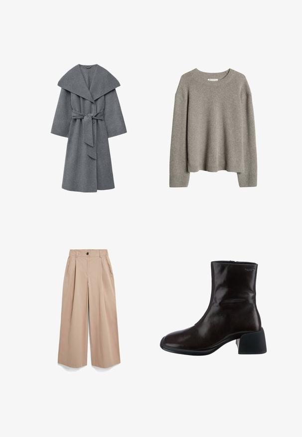 Koolgrijze wollen jas met een brede kraag, oversized mouwen en een tailleband, met een zachte, gestructureerde afwerking.; Lichtgrijze gebreide trui met lange mouwen, geribde boorden, zoom en ronde hals, met het label Marc O’Polo.; Beige wijde broek met plooien, zijzakken, lussen voor een riem en een knoopsluiting bij de tailleband, afgebeeld op een witte achtergrond.; Vagabond ANSIE - Lage laarzen - braun