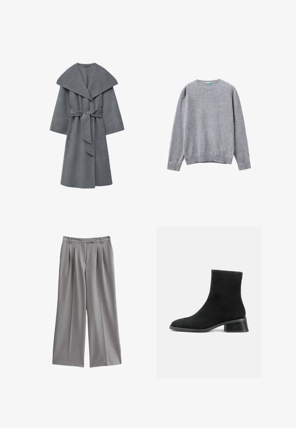 Abrigo de lana en gris carbón con un amplio collar, mangas de gran tamaño y un lazo en la cintura, con un acabado suave y texturizado.; Suéter de cuello redondo de manga larga en gris claro con puños, dobladillo y escote acanalados, colocado plano sobre un fondo blanco.; Pantalones de pierna ancha grises con un frente plisado, hechos de una tela suave. Presentan una cinturilla plana con cinturas y bolsillos laterales.; Botín de ante negro hasta el tobillo con punta redondeada, caña corta y tacón bajo apilado. Textura suave sin patrones ni adornos visibles.