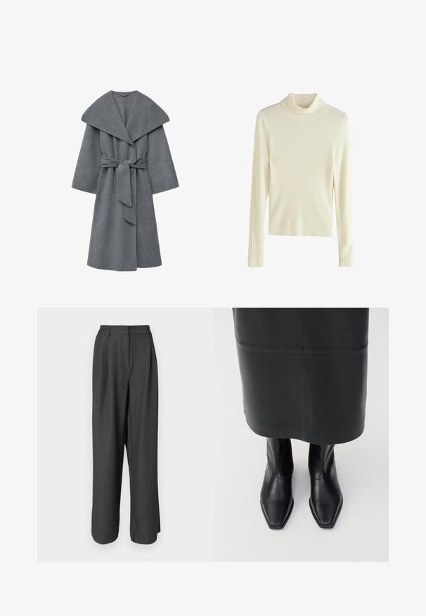 Charcoal grå uldfrakke med bred krave, oversized ærmer og taljebånd, samt en blød, tekstureret finish.; Hvid ribbet turtleneck sweater med lange ærmer og teksturerede detaljer ved manchetten. Glat stof og tætsiddende design.; Mørkegrå, brede bukser med skræddersyet design. Har en glat tekstur, afdeling detaljer og en mellemhøj talje.; Sorte læder støvler med høj ankel, firkantet tådesign og sideskilt. Glat tekstur og minimal hardware; sammen med en sort lædernederdel.