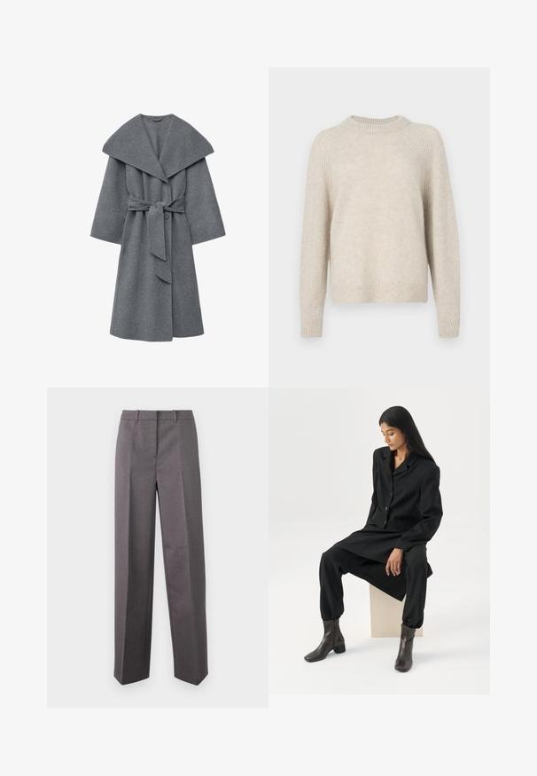 Manteau en laine gris anthracite doté d'un large col, de manches oversize et d'une ceinture à la taille, avec une finition douce et texturée.; Pull en tricot beige avec un col rond, des manches raglan et un ourlet côtelé. Texture douce avec une coupe légèrement ample et un motif minimal.; Pantalon tailleur gris en tissu texturé, avec une coupe droite, un devant plat et des passants de ceinture.; Femme aux longs cheveux foncés assise, portant un blazer noir ample, un pantalon large assorti et des bottines foncées, sur un fond blanc uni.