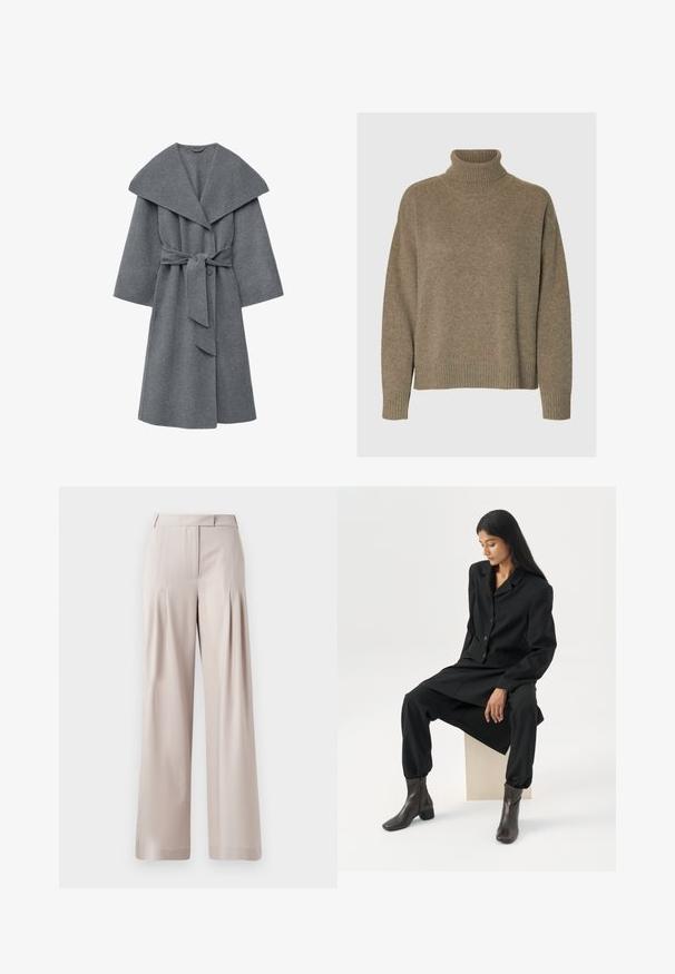Manteau en laine gris anthracite doté d'un large col, de manches oversize et d'une ceinture à la taille, avec une finition douce et texturée.; Pull à col roulé en tricot marron doux. Il présente des poignets et un ourlet à larges côtes, avec une coupe décontractée et une surface texturée.; Pantalons larges beiges avec une texture lisse, un design plissé à l'avant et une taille ajustée. Convient pour une tenue formelle ou décontractée.; Femme aux longs cheveux foncés assise, portant un blazer noir ample, un pantalon large assorti et des bottines foncées, sur un fond blanc uni.