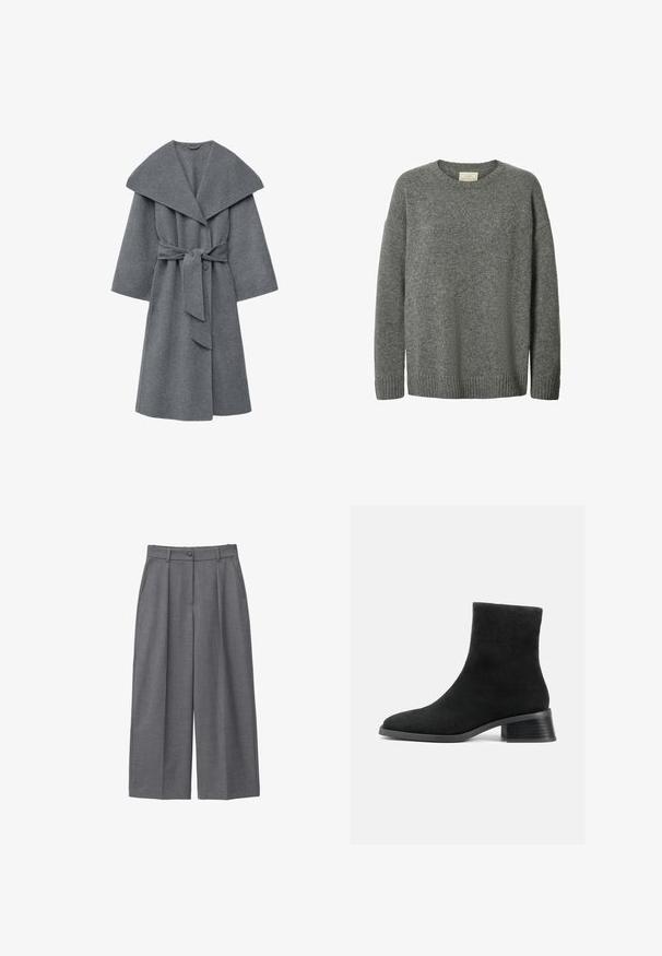 Charcoal grå uldfrakke med bred krave, oversized ærmer og taljebånd, samt en blød, tekstureret finish.; Grå strikket langærmet crewneck sweater med ribbede manchetter og kant, lavet af blødt tekstureret stof.; Grå bredbenede bukser lavet af glat stof, med høj talje, læg, knaplukning og sidelommer. Minimalistisk design.; Sort ruskind ankelstøvle med rund tå, kort skaft og lav stablet hæl. Glat tekstur uden synlige mønstre eller pynt.