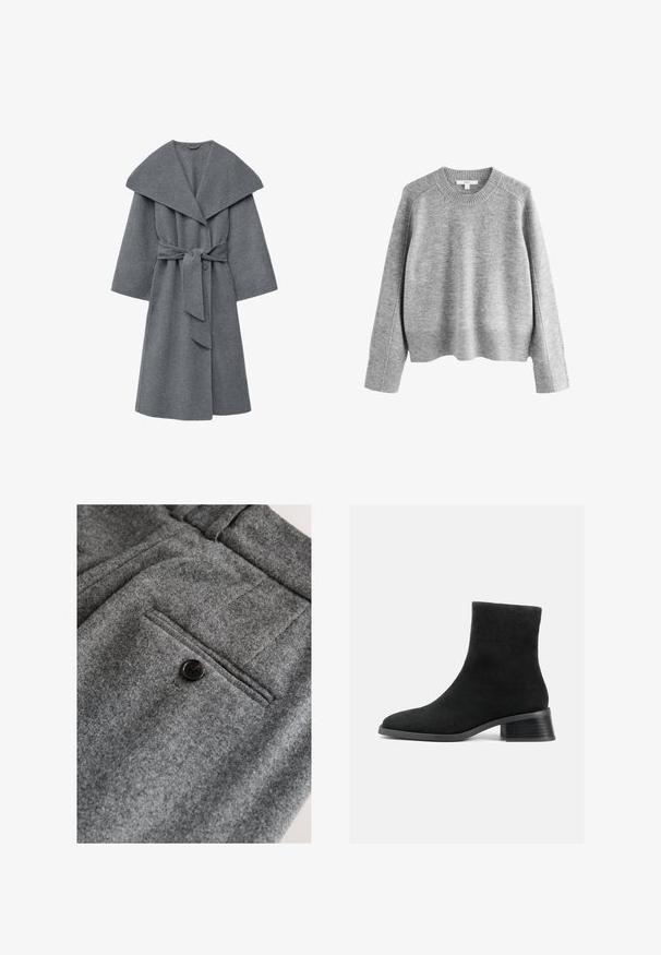 Abrigo de lana en gris carbón con un amplio collar, mangas de gran tamaño y un lazo en la cintura, con un acabado suave y texturizado.; Suéter gris hecho de tejido de punto, con cuello redondo, puños y dobladillo acanalados, con un ajuste relajado y un diseño ligeramente recortado.; Pantalones de lana gris con frente plano, un bolsillo trasero único con un botón negro y un acabado suave y texturizado.; Botín de ante negro hasta el tobillo con punta redondeada, caña corta y tacón bajo apilado. Textura suave sin patrones ni adornos visibles.