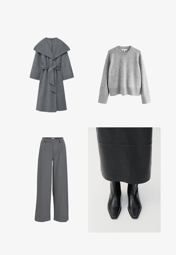 Koolgrijze wollen jas met een brede kraag, oversized mouwen en een tailleband, met een zachte, gestructureerde afwerking.; Grijze gebreide trui met een geribbelde halslijn en zoom, met afgezakte schouders en lange mouwen in een zachte, gestructureerde stof.; Wijdlopende broek van lichtgrijze stof, met een smocktail, voorplooien en een gladde, zachte textuur.; Zwarte leren hoge enkellaarsjes met een vierkante neus en een ritssluiting aan de zijkant. Glad textuur en minimale hardware; gecombineerd met een zwarte leren rok.