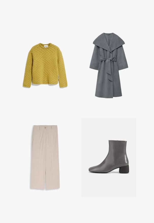 Charcoal grå uldfrakke med bred krave, oversized ærmer og taljebånd, samt en blød, tekstureret finish.; Gul strikket sweater med et struktureret hørmønster, rund halsudskæring og lange ærmer. Etikett synlig på sidesømmen.; Beige bukser med vide ben, sidelommer, bæltestropper og dobbelte knapper ved taljen, lavet af et glat stof.; Grå læder ankelstøvle med et slankt design, spidse tæer og en kort blokhæl. Glat tekstur med minimal branding på siden.