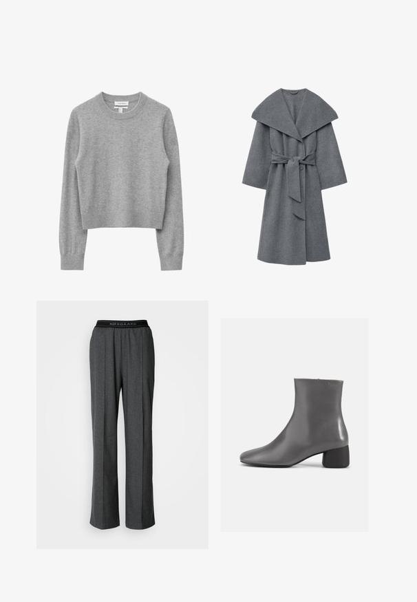 Manteau en laine gris anthracite doté d'un large col, de manches oversize et d'une ceinture à la taille, avec une finition douce et texturée.; Pull gris en maille avec un col rond, des manches longues et un design court. Texture douce et accents côtelés aux poignets et à l'ourlet.; Pantalons gris à jambes larges avec des plis, fabriqués dans un tissu texturé. Présentent une ceinture noire avec le logo "NØRGAARD".; Bottine en cuir gris avec un design épuré, bout pointu et un petit talon carré. Texture lisse avec un branding minimaliste sur le côté.