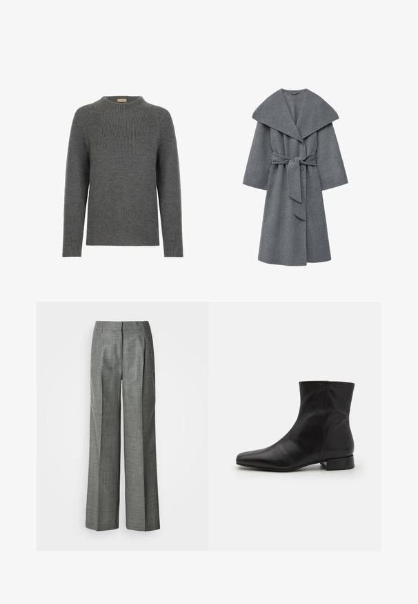 Charcoal grå uldfrakke med bred krave, oversized ærmer og taljebånd, samt en blød, tekstureret finish.; Grå strikket sweater med rund hals, lange ærmer og ribbet tekstur. Har en afslappet pasform og et casual design, der er velegnet til lag-på-lag.; Grå vidde bukser lavet af tekstureret stof, med plisseringer, en flad front og et lige snit. Ingen synlige lommer eller pynt.; Sort læder ankelstøvle med spids tå, glat tekstur, minimalistisk design og en lav blokhæl. Sidelukning går op til anklen.