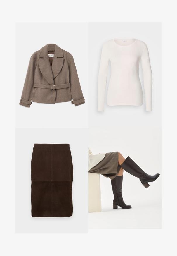 Veste courte marron avec un grand col, design double boutonnage et taille ceinturée avec une boucle en or. Tissu doux et texturé avec des manches roulées.; Haut à manches longues blanc en maille côtelée avec un col rond, une texture lisse et une coupe ajustée. Des lignes verticales subtiles créent une apparence épurée.; Jupe crayon en daim marron foncé avec des détails de coutures visibles, longueur genoux, présentée sur un fond clair.; Personne portant des bottes en cuir marron montantes jusqu'aux genoux avec des talons carrés, associées à une jupe grise à carreaux longueur genou, assise jambes croisées.