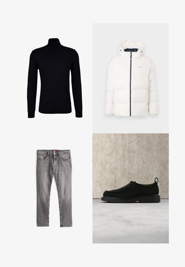 Chaqueta de plumas blanca con cierre frontal, capucha ajustable, puños elásticos y costuras a tono. Presenta un logo en el pecho y una silueta moderna.; Suéter negro de cuello alto en un tejido de punto suave. Presenta mangas largas, un cuello ajustado y puños y dobladillo acanalados para un ajuste ceñido.; Vaqueros de mezclilla gris con un diseño clásico de cinco bolsillos, corte recto, costuras tonales y una pequeña etiqueta en el bolsillo trasero.; Zapato casual de cuero negro con cordones, suela gruesa y tira para tirar, situado en el aire sobre una alfombra beige con muebles marrones redondeados al fondo.