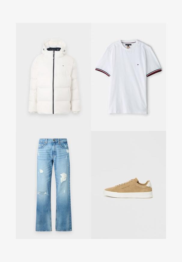 Chaqueta de plumas blanca con cierre frontal, capucha ajustable, puños elásticos y costuras a tono. Presenta un logo en el pecho y una silueta moderna.; Camiseta de algodón blanca de manga corta, con acentos a rayas rojas y marinas en las mangas y un pequeño logo en el pecho.; Vaqueros de mezclilla azul claro con un diseño de pierna recta, que presentan detalles desgastados y un acabado desvaído. Incluyen un botón de metal y cinco bolsillos.; Zapatillas de ante beige con suela de goma blanca, puntera redondeada, cordones planos y un logotipo sutil en el lateral. Textura suave y diseño minimalista.
