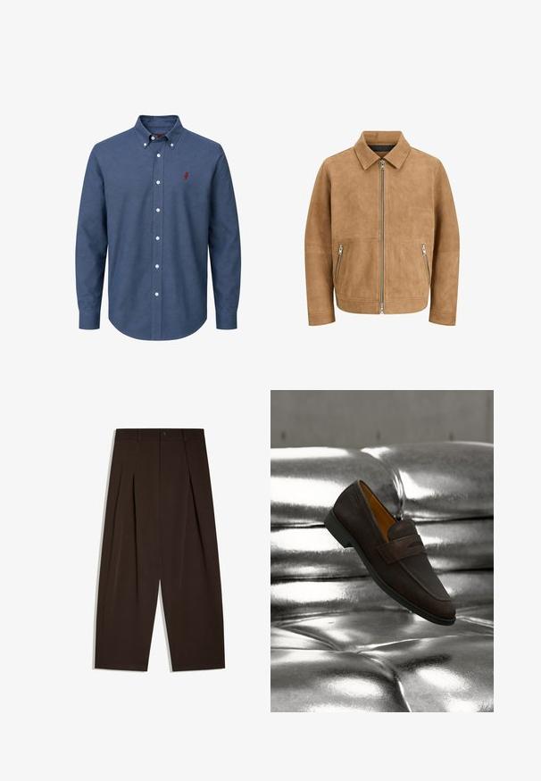 Brun læderjakke med lynlås, spids krave og to sidelommer med lynlås; glat tekstur med et minimalistisk design.; Blå skjorte med lange ærmer, hvide knapper og en lille rød broderet logo på venstre bryst.; Højtaljede mørkebrune viddebukser med forkantsfolder, bæltestropper, knaplukning og rene kantede kanter.; Brun læder loafersko med en lav sort sål, placeret mod en skinnende, tufted metallisk sølv pude baggrund.
