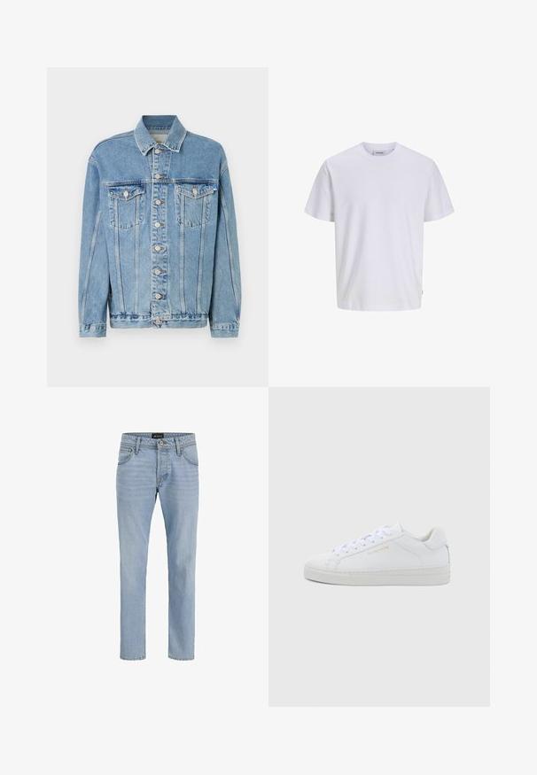 Hellblaue Jeansjacke mit Kragen, vorderem Knopfverschluss, zwei Brusttaschen und subtilen Waschungseffekten. Klassischer gerader Schnitt.; Schlichtes weißes T-Shirt mit kurzen Ärmeln und Rundhalsausschnitt, geradem Saum, auf weißem Hintergrund dargestellt.; Helle blaue Denim-Jeans mit schlankem Schnitt, Fünf-Taschen-Design, subtiler verblasster Textur und Metallbeschlägen am Reißverschluss und der Knopfleiste.; Weiße Leder-Sneaker mit niedrigem Schnitt, runder Zehenpartie, flachen Schnürsenkeln, strukturierter Sohle und dezentem goldfarbenem Markenlogo an der Seite. Glatte Oberfläche und minimalistisches Design.