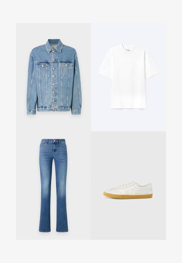 Chaqueta de mezclilla azul claro con collar, cierre frontal de botones, dos bolsillos en el pecho y sutiles detalles de desgaste. Diseño clásico de corte recto.; Camiseta lisa blanca de manga corta y cuello redondo con un corte relajado, mostrada sobre un fondo claro.; ONLY ONLWAUW MID WAIST - Vaqueros slim fit - medium blue denim; Zapatilla deportiva de cuero blanco con textura suave, que presenta un logo 'V' beige, puntera redonda, diseño con cordones y suela de goma color chicle.