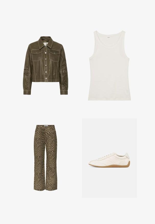 Olijfgroene cropped leren jas met grote kraag, drukknoopsluiting aan de voorkant, klepzakken op de borst en witte contraststiksels op mouwen en lichaam.; Witte katoenen tanktop met een brede halslijn en dunne schouderbandjes. Gladde textuur zonder zichtbare patronen of versieringen.; Tijgerprint wijde broek in bruin en zwart, met een knoopsluiting, twee voorzakken en een middellange taille. Zachte stof textuur.; Witte leren sneaker met een gladde textuur, ronde neus en tonale stiksels. Voorzien van een tankleurige rubberen zool en vetersluiting.