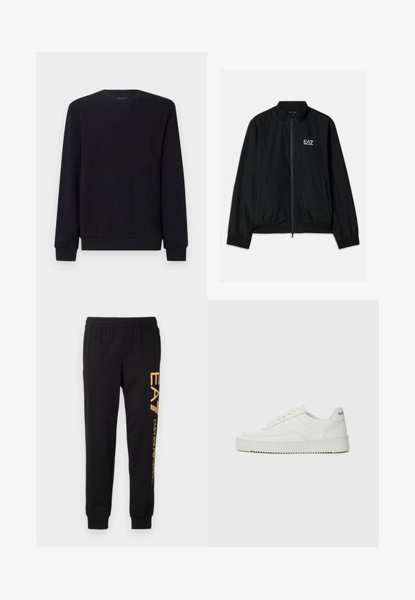 Veste bomber noire avec un col haut, fermeture éclair à l'avant, poignets et ourlet en élastique. Présente le logo EA7 blanc sur la poitrine gauche et deux poches latérales.; Sweat-shirt noir en tissu doux ; il possède un col rond, des manches longues et un détail en relief du logo "EAC" en bas à gauche.; Pantalons de survêtement noirs en tissu doux, avec une taille élastique et des chevilles resserrées. Marquage jaune imprimé verticalement sur la jambe gauche.; Baskets en cuir blanc avec une finition lisse, bout arrondi, lacets plats et semelle texturée. Présente un logo discret sur le talon.