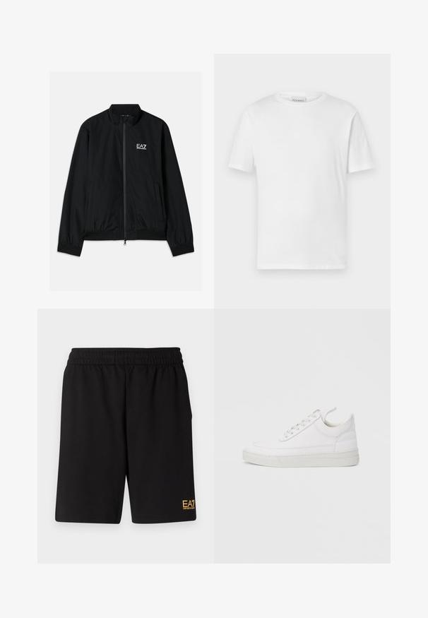 Schwarze Bomberjacke mit hohem Kragen, Reißverschluss vorne, elastischen Bündchen und Saum. Mit weißem EA7-Logo auf der linken Brust und zwei Seitentaschen.; Weißes T-Shirt mit kurzen Ärmeln aus Baumwolle. Hat einen runden Halsausschnitt und einen geraden Saum. Keine Muster oder Verzierungen. Einfaches Design.; Schwarze Sportshorts aus weichem Material, mit einem elastischen Bund und einem kleinen gelben EA7-Logo am unteren linken Bein.; Weißer Ledersneaker mit abgerundetem Zehenbereich, flacher Sohle und Schnürverschluss. Verfügt über Nahtdetails und einen gepolsterten Kragen für zusätzlichen Komfort.
