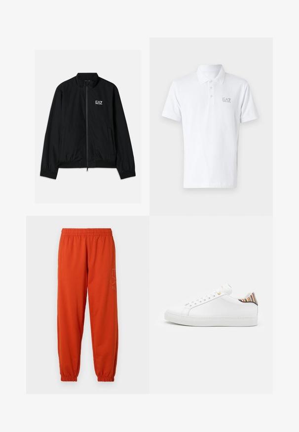 Zwarte bomberjack met een hoge kraag, rits aan de voorkant, elastische manchetten en een elastische zoom. Bevat een witte EA7-logo op de linkerkant van de borst en twee zijzakken.; Witte polo shirt van katoen. Kenmerkt zich door een klassieke kraag, een drie knoopsluiting en een lichtgrijze EA7-logo op de borst. Korte mouwen.; Oranje sweatpants met een elastische tailleband en boorden. Beschikt over een bedrukte logo aan de zijkant. Gemaakt van een zachte, gestructureerde stof.; Witte leren sneaker met een gladde afwerking, voorzien van een kleurrijke gestreepte accent op de hiel, gouden oogjes en een vlakke witte zool.