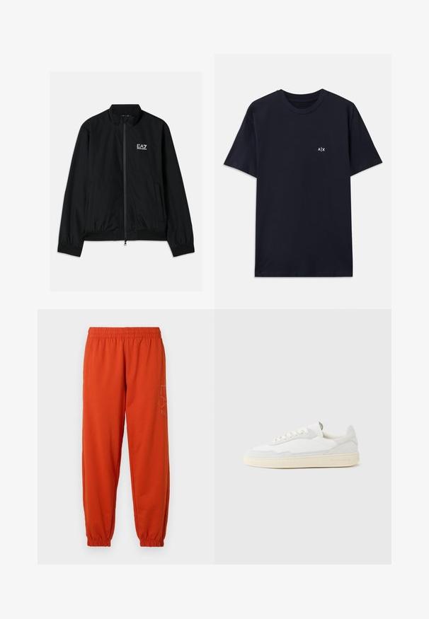 Μαύρο bomber jacket με ψηλό γιακά, φερμουάρ μπροστά, ελαστικούς καρπούς και στρίφωμα. Διαθέτει λευκό λογότυπο EA7 στο αριστερό στήθος και δύο πλαϊνές τσέπες.; Ναυτικό μπλε βαμβακερό t-shirt με κοντά μανίκια και στρογγυλή λαιμόκοψη. Διαθέτει ένα μικρό λευκό λογότυπο "A|X" στην αριστερή περιοχή του στήθους.; Πορτοκαλί φόρμες με ελαστική μέση και μανσέτες. Διαθέτουν εκτυπωμένο λογότυπο στο πλάι. Φτιαγμένες από μαλακό, υφασμάτινο υλικό.; Λευκό αθλητικό παπούτσι με επάνω μέρος από σουέτ και δέρμα με υφή. Διαθέτει στρογγυλή μύτη, κλείσιμο με κορδόνια και αντίθετη μπεζ καουτσούκ σόλα.