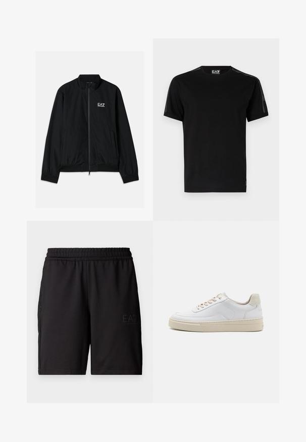 Chaqueta bomber negra con cuello alto, cremallera en la parte delantera, puños y dobladillo elásticos. Presenta el logo blanco de EA7 en el lado izquierdo del pecho y dos bolsillos laterales.; Camiseta negra de algodón, con mangas cortas, cuello redondo, paneles laterales de malla y una pequeña etiqueta con el logo en el dobladillo.; Pantalones cortos deportivos negros hechos de un tejido ligero, con una cinturilla elástica y paneles laterales de malla. Logo de la marca impreso en la parte delantera.; Zapatilla blanca con parte superior de cuero suave, cordones beige y un tirador de talón de ante beige texturizado. Suela elevada para mayor altura.