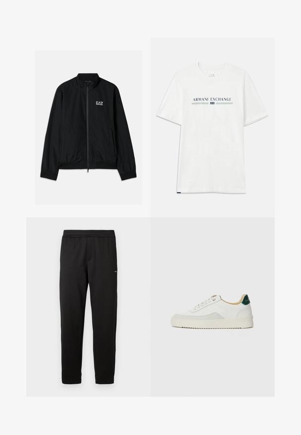 Veste bomber noire avec un col haut, fermeture éclair à l'avant, poignets et ourlet en élastique. Présente le logo EA7 blanc sur la poitrine gauche et deux poches latérales.; T-shirt en coton blanc à manches courtes, avec un logo "ARMANI EXCHANGE" bleu et vert et "1991" centré en dessous.; Pantalon de sport noir en tissu doux. Taille élastique et poignets élastiques. Présente un petit logo sur le côté. Coupe droite.; Baskets blanches avec des accents en daim, bout arrondi, lacets plats et semelle en caoutchouc crème. Présente une marque verte sur le talon.