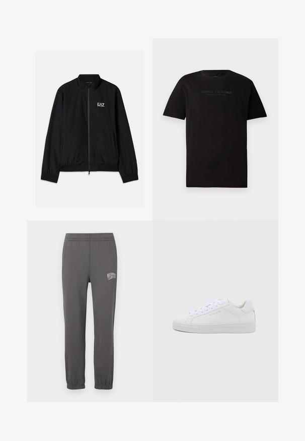 Schwarze Bomberjacke mit hohem Kragen, Reißverschluss vorne, elastischen Bündchen und Saum. Mit weißem EA7-Logo auf der linken Brust und zwei Seitentaschen.; Schwarzes Baumwoll-T-Shirt mit Rundhalsausschnitt und kurzen Ärmeln. Auf der Vorderseite befindet sich der erhabene Text "ARMANI EXCHANGE MILANO / NEW YORK".; Graue Jogginghose mit elastischem Bund, schmal zulaufenden Bündchen und einem kleinen weißen Logo mit der Aufschrift "Billionaire Boy Club" am linken Oberschenkel.; Weiße Leder-Sneaker mit niedrigem Schnitt, runder Zehenpartie, flachen Schnürsenkeln, strukturierter Sohle und dezentem goldfarbenem Markenlogo an der Seite. Glatte Oberfläche und minimalistisches Design.