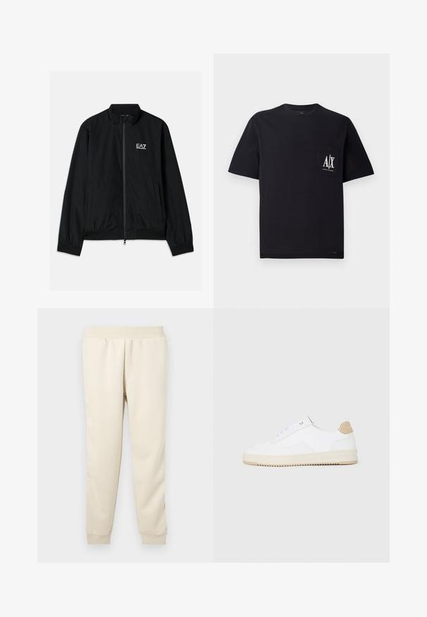 Veste bomber noire avec un col haut, fermeture éclair à l'avant, poignets et ourlet en élastique. Présente le logo EA7 blanc sur la poitrine gauche et deux poches latérales.; T-shirt en coton noir avec col rond et manches courtes. Présente une poche poitrine avec le logo blanc "A/X". Texture lisse, coupe décontractée.; Pantalons de survêtement beige clair fabriqués en tissu doux avec un design fuselé, une ceinture élastique et des poignets aux chevilles. Pas de motifs ou d'accents visibles.; Baskets basses blanches avec un dessus en cuir texturé, semelle crémée à stries, et accent de talon tan. Présente des lacets blancs et un logo sur le talon.