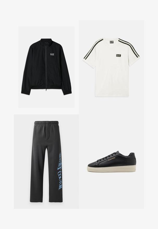 Schwarze Bomberjacke mit hohem Kragen, Reißverschluss vorne, elastischen Bündchen und Saum. Mit weißem EA7-Logo auf der linken Brust und zwei Seitentaschen.; Weißes Baumwoll-T-Shirt mit Rundhalsausschnitt, kurzen Ärmeln, schwarzen Akzentstreifen an den Schultern und kleinem EA7-Logo auf der Brust.; Schwarze Sweatpants aus weichem Material, mit lockerer Passform und elastischem Bund. Auffälliger blauer Aufdruck entlang der Seite.; Schwarze Leder-Sneaker mit glatter Oberfläche, kontrastierender cremefarbener Sohle, abgerundeter Spitze, goldfarbenem Logo an der Seite und sechs Ösen für die Schnürsenkel.