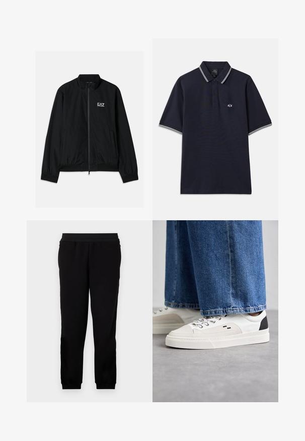 Sort bomberjakke med høj krave, lynlås foran, elastiske manchetter og kant. Har hvidt EA7-logo på venstre bryst og to sidelommer.; Marineblå poloshirt lavet af bomuld med klassisk krave, to-knaps placket og hvide stribede accenter på ærmerne. Lille logo på brystet.; Sorte sweatpants lavet af et blødt materiale, med et elastisk liv, tætsiddende manchetter og sidelommer for ekstra bekvemmelighed.; Hvide og sorte sneakers med en glat læderoverdel, teksturerede detaljer og en kraftig hvid sål. Har et klassisk snørebåndsdesign.