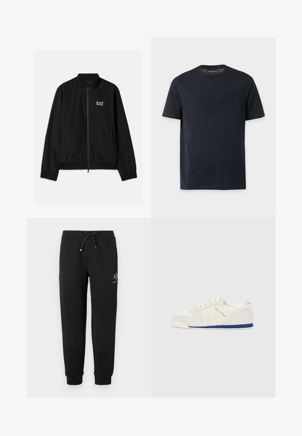 Veste bomber noire avec un col haut, fermeture éclair à l'avant, poignets et ourlet en élastique. Présente le logo EA7 blanc sur la poitrine gauche et deux poches latérales.; T-shirt noir à manches courtes avec col rond, comportant un logo aigle en relief discret sur la poitrine et une étiquette de marque à l'intérieur du col.; Pantalon de jogging noir avec taille élastique et cordon, chevilles retournées et petit logo doré "A|X Armani Exchange" sur la cuisse droite.; Baskets basses blanches avec bande bleue sur la semelle, panneaux en daim et mesh, lacets, et marquage "Armani Exchange" sur le côté et le talon.