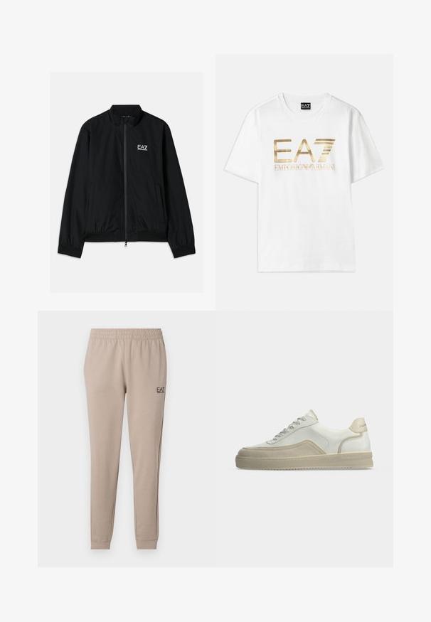 Μαύρο bomber jacket με ψηλό γιακά, φερμουάρ μπροστά, ελαστικούς καρπούς και στρίφωμα. Διαθέτει λευκό λογότυπο EA7 στο αριστερό στήθος και δύο πλαϊνές τσέπες.; Λευκή βαμβακερή μπλούζα με κοντά μανίκια και στρογγυλή λαιμόκοψη, που διαθέτει μεγάλο χρυσό μεταλλικό λογότυπο "EA7" και την ένδειξη "EMPORIO ARMANI" από κάτω.; Μπεζ tapered joggers με ελαστική μέση, μανσέτες στους αστραγάλους και μικρό μαύρο λογότυπο EA7 στην αριστερή πλευρά. Μαλακή υφή υφάσματος.; Λευκό sneaker χαμηλής κοπής με μπεζ σουέτ λεπτομέρειες, κορδόνια μπροστά και ρεαλιστική ταμπελίτσα στο τακούνι σε απλό φωτεινό φόντο.